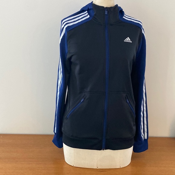 Adidas black and royal blue Climalite training jacket with hood. Girl’s Large. - Picture 2 of 15